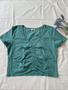 Little Moon Teal Ruched V-Neck Crop Top